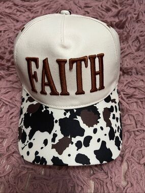 NWT cream 'FAITH' Trucker Hat with Black & Brown Cow Print Brim